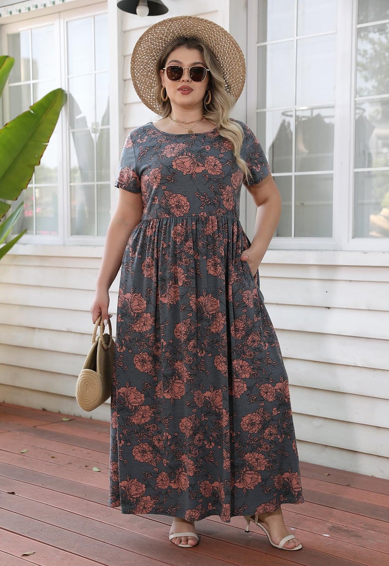 Nemidor Women Short Sleeve Loose Plain Casual Plus Size Long Maxi Dress with Pockets (16,179+Pink Print) - Image 4